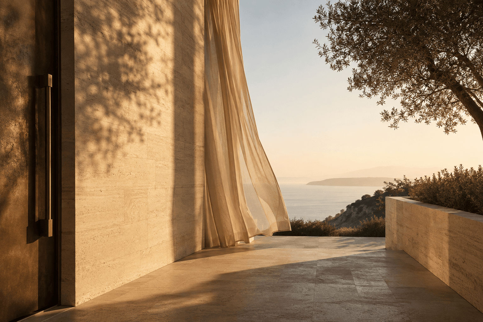 Mediterranean architectural terrace overlooking a calm coastline